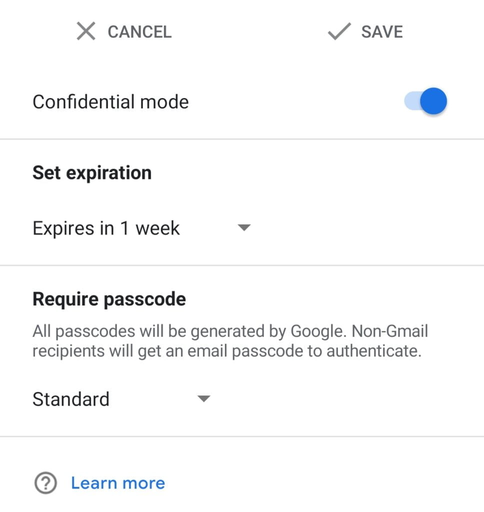 confidential mode in Gmail